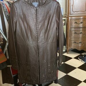 Eccoci Size 4 Brown Leather Studded Duster Coat Jacket Lined EUC